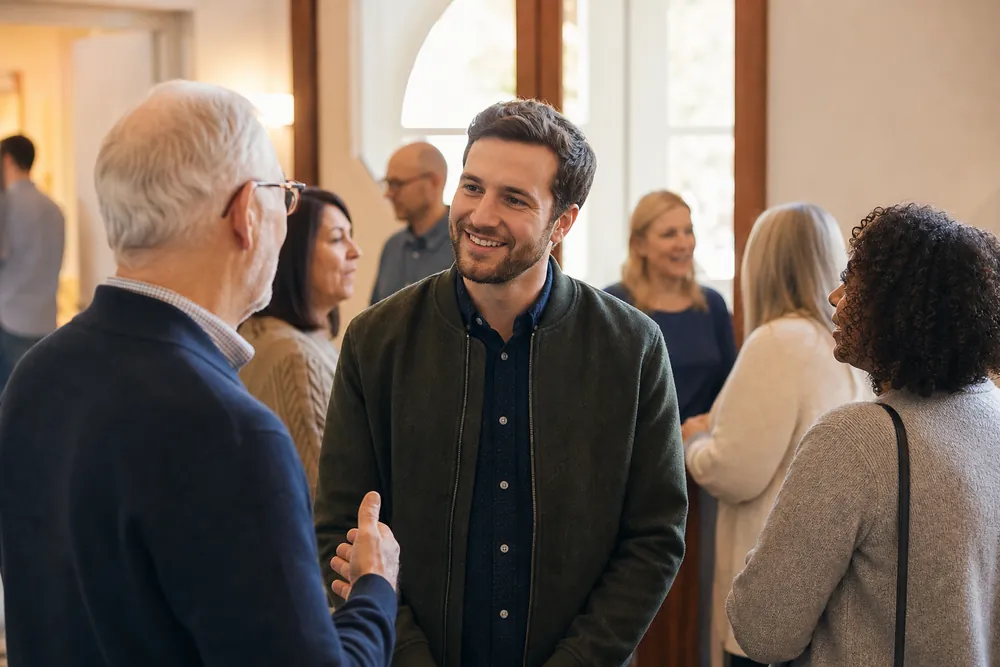 Gemeindemitglieder im freundlichen Gespräch nach dem Gottesdienst